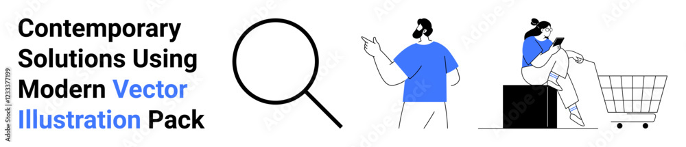 Magnifying glass highlights search, man gestures while explaining, woman uses phone near a cart. Ideal for e-commerce, navigation, teamwork, research, shopping, digital solutions flat landing page Magnifying glass highlights search, man gestures while explaining, woman uses phone near a cart. Ideal for e-commerce, navigation, teamwork, research, shopping, digital solutions flat landing page