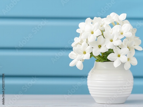Delicate White Flower Arrangement in a Simple Vase Against a Soft Blue Background