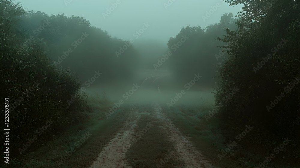 Misty morning path through forest, tranquil scene Misty morning path through forest, tranquil scene