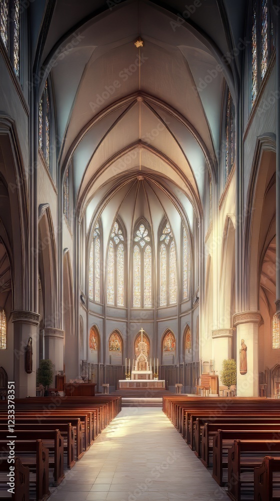 Fototapeta premium Sunlit church interior, serene space