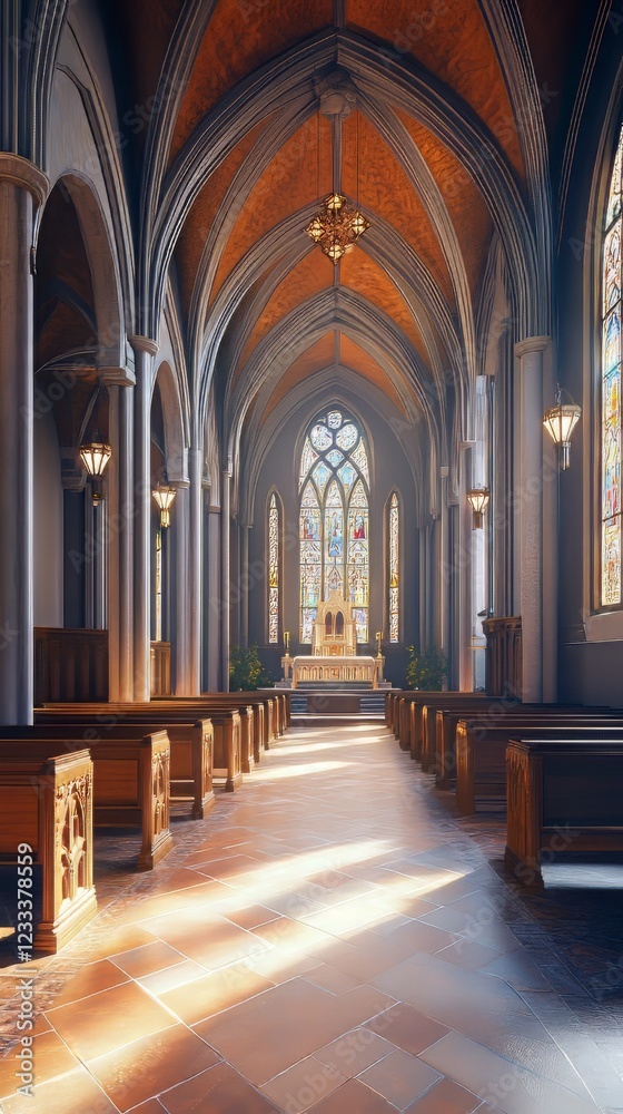 Fototapeta premium Sunlit church aisle, serene and calm.