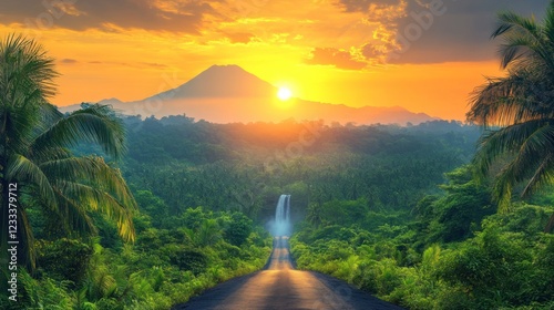 Sunset Volcano View, Tropical Road, Waterfall