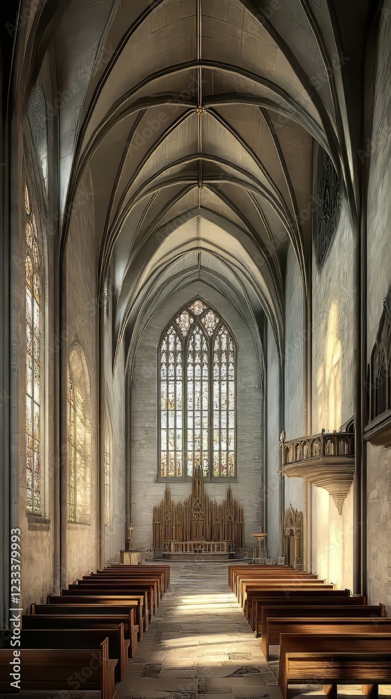 Fototapeta premium Sunlit church aisle, serene and calm.