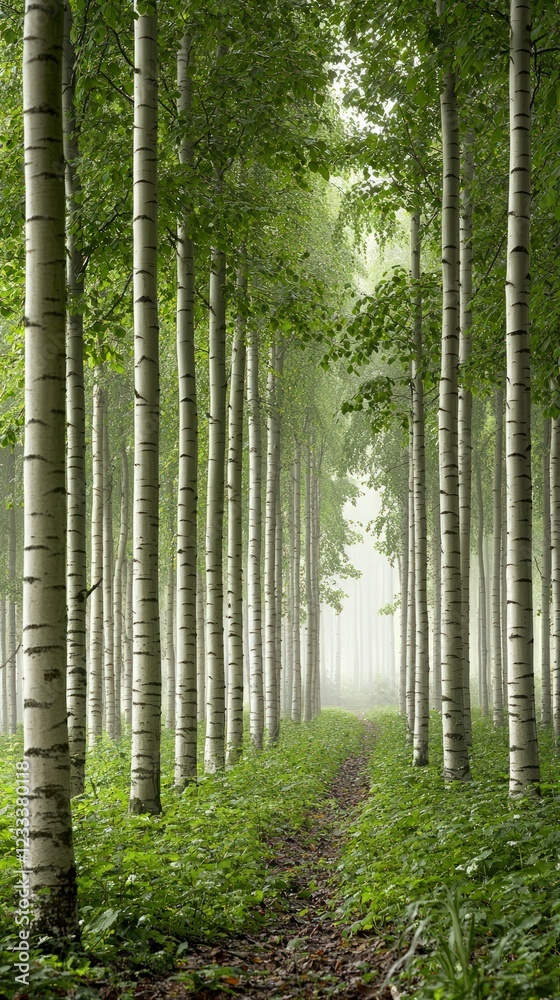 Serene Path Through a Misty Aspen Forest Surrounded by Lush Greenery Serene Path Through a Misty Aspen Forest Surrounded by Lush Greenery