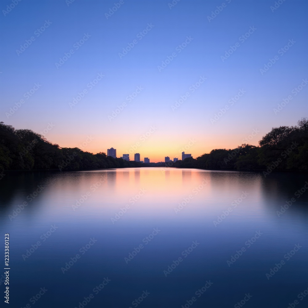 Serene Sunset Reflection Over Calm Water with City Skyline in the Distance Serene Sunset Reflection Over Calm Water with City Skyline in the Distance
