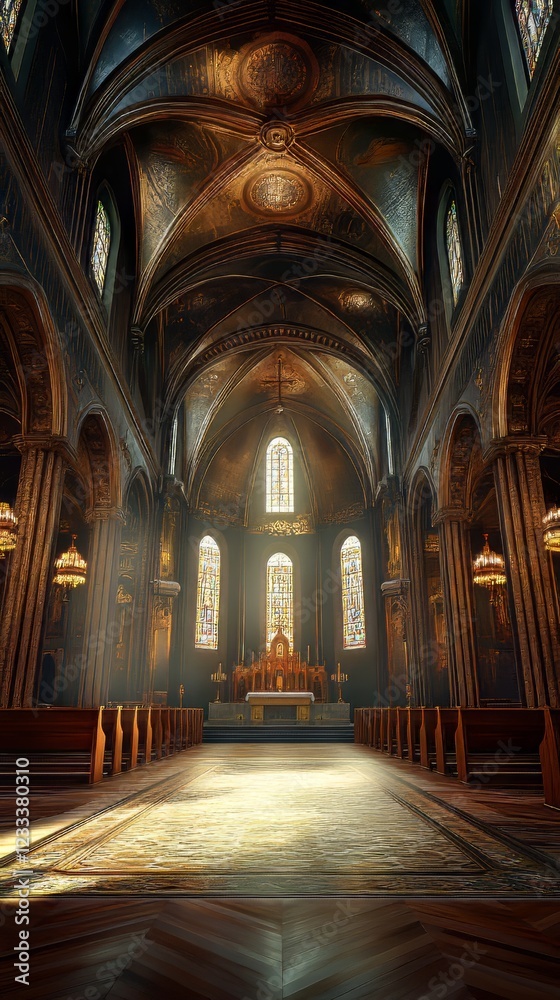 Fototapeta premium Sunlit sanctuary, church interior