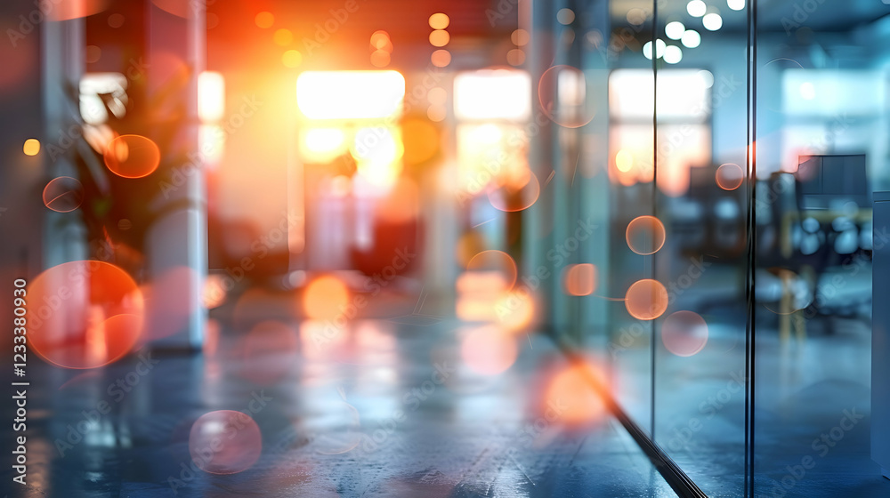 Fototapeta premium A modern office space with sunlight and blurred bokeh effects in a professional environment.