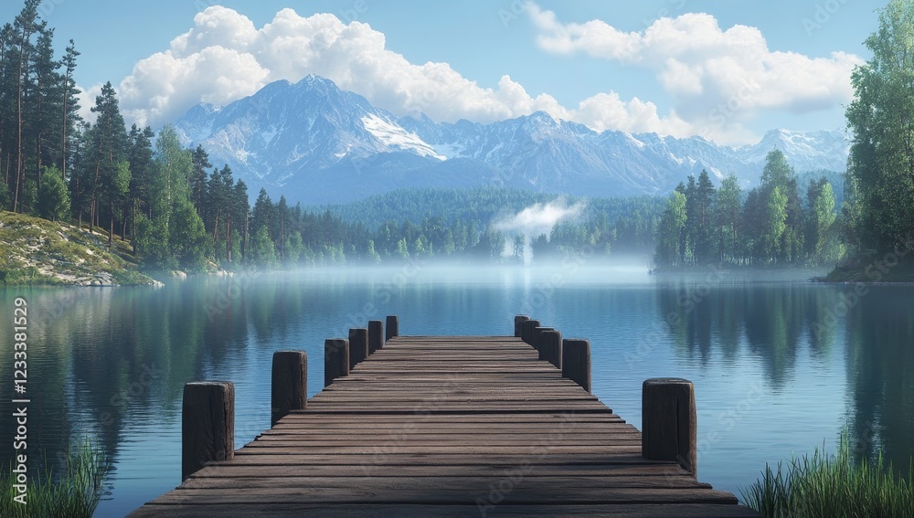 Naklejka premium Serene lake with wooden dock, mountains, and misty forest.