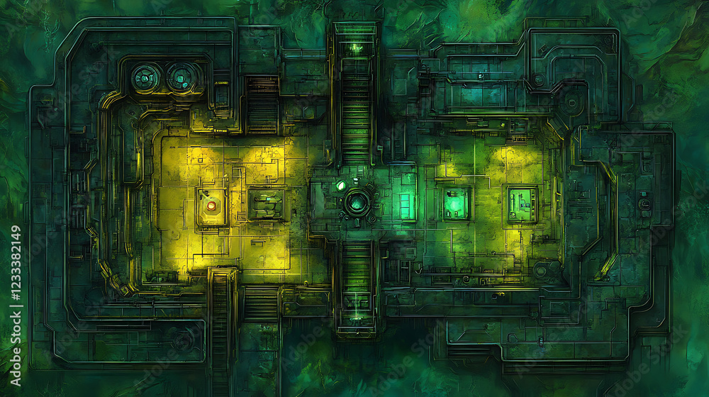 Abstract Futuristic Circuit Background with Green and Yellow Glow