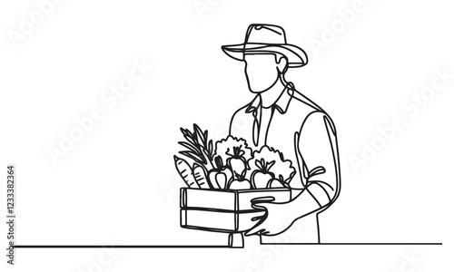 continuous one line art drawing of gardener holding box with full of vegetables, illustration doodle style on white background