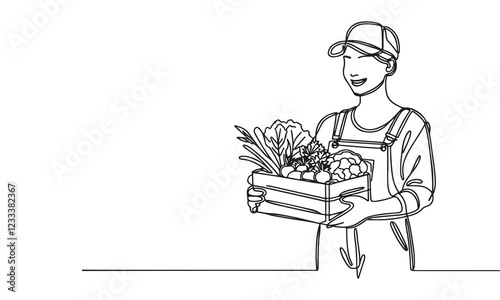 continuous one line art drawing of gardener holding box with full of vegetables, illustration doodle style on white background