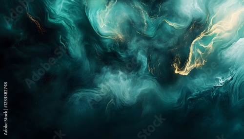 Abstract Teal and Gold Swirling Paint Design