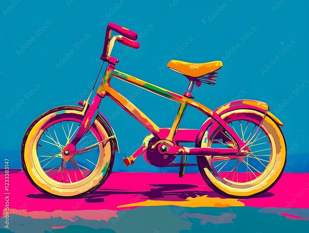 Fototapeta premium Playful Pop-Art-Inspired Children's Bicycle with Vibrant Contrasting Colors for Modern Decor