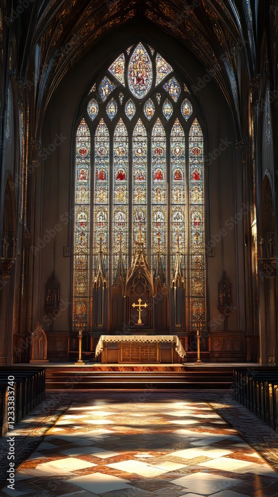 Fototapeta premium Sunlit sanctuary, stained glass glory