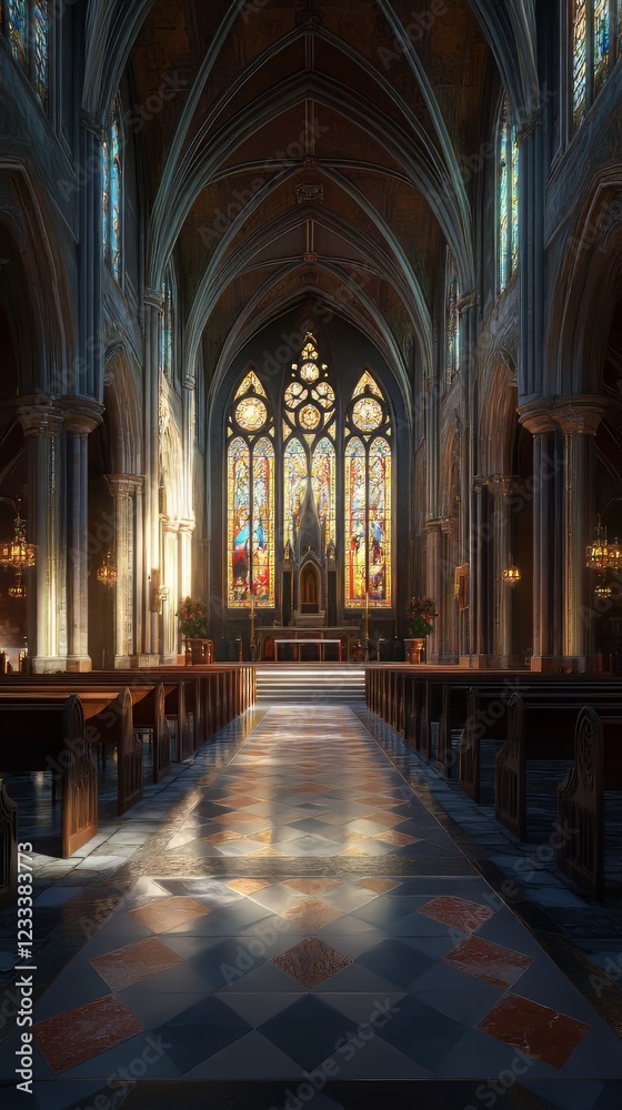 Fototapeta premium Sunlit church aisle, stained glass