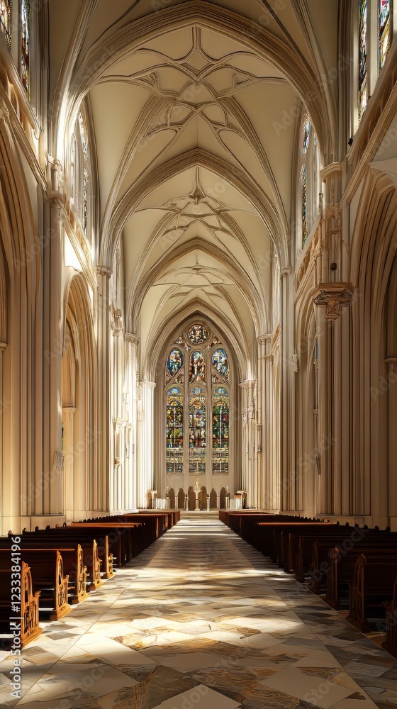 Fototapeta premium Sunlit church aisle with stained glass