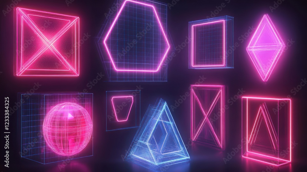 Neon geometric shapes glow in dark background; digital art Neon geometric shapes glow in dark background; digital art