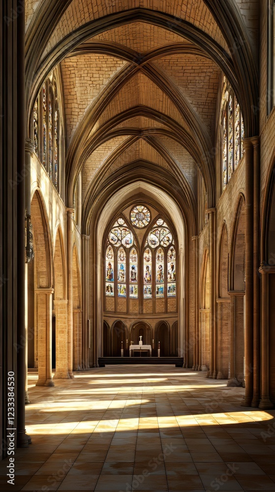 Fototapeta premium Sunlit cathedral nave with stained glass