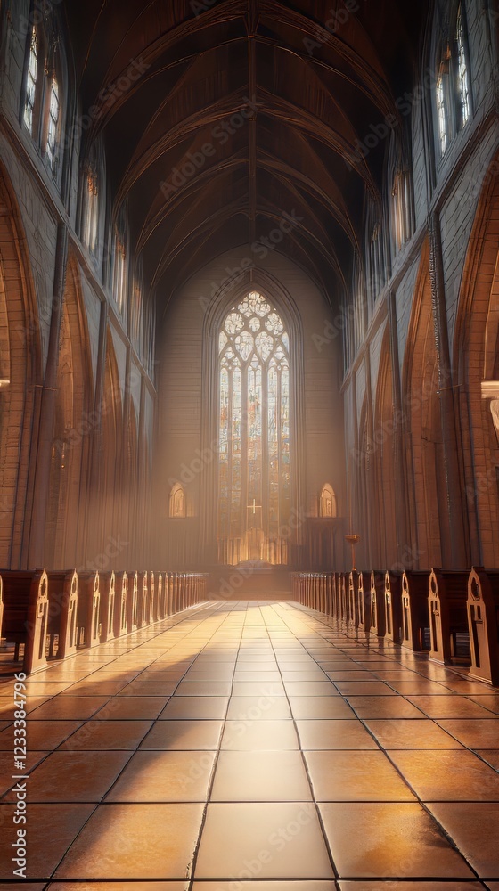 Fototapeta premium Sunlit cathedral nave, peaceful scene