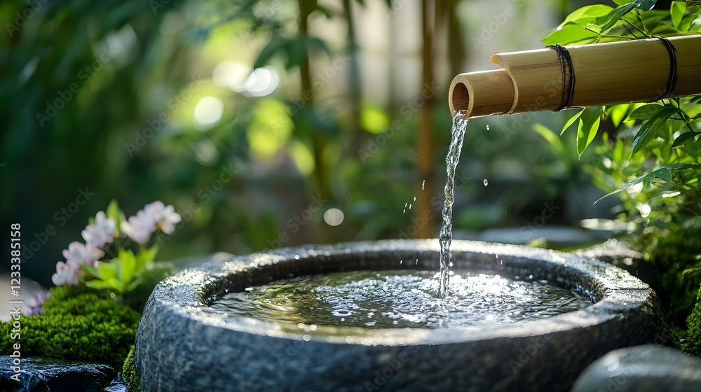 Tranquil Japanese Zen Garden with Bamboo Fountain and Stone Basin Tranquil Japanese Zen Garden with Bamboo Fountain and Stone Basin