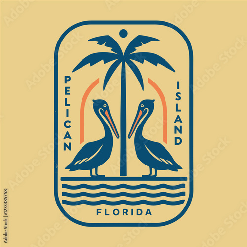 A blue and orange logo of two pelicans with a palm tree in the background