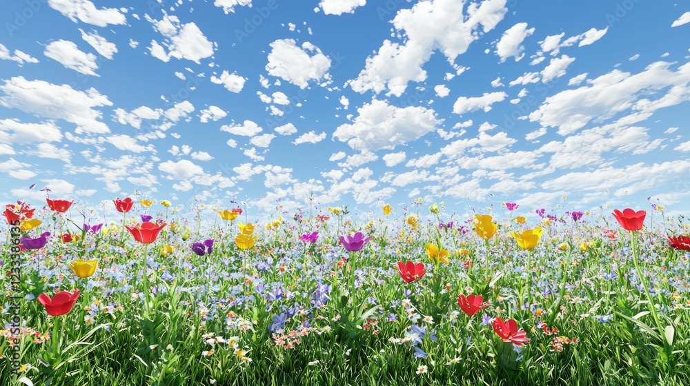 Serene Grass Field Stretching Towards the Horizon Under Blue Sky