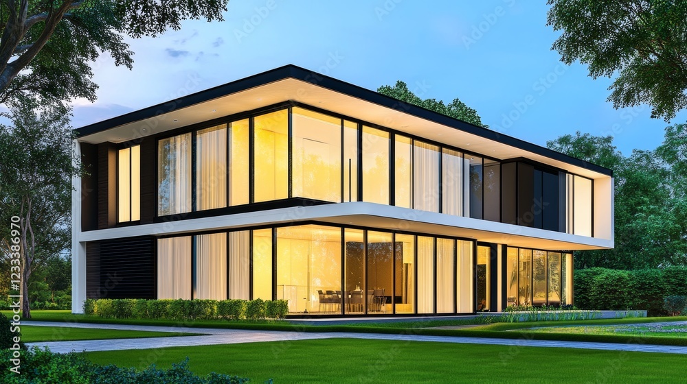 Fototapeta premium Modern two-story house with large windows surrounded by greenery during twilight, showcasing contemporary design