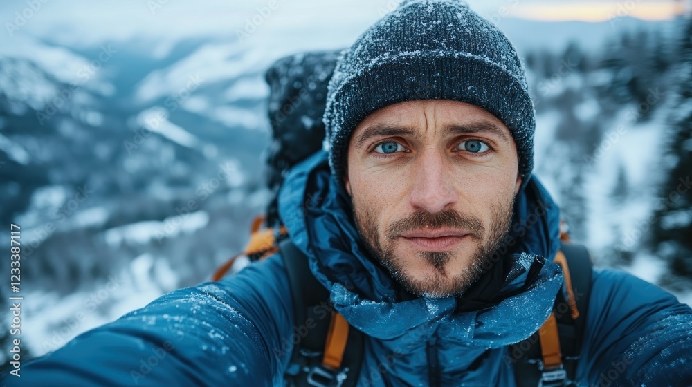 Adventurer in snowy mountains capturing selfie at dusk Adventurer in snowy mountains capturing selfie at dusk