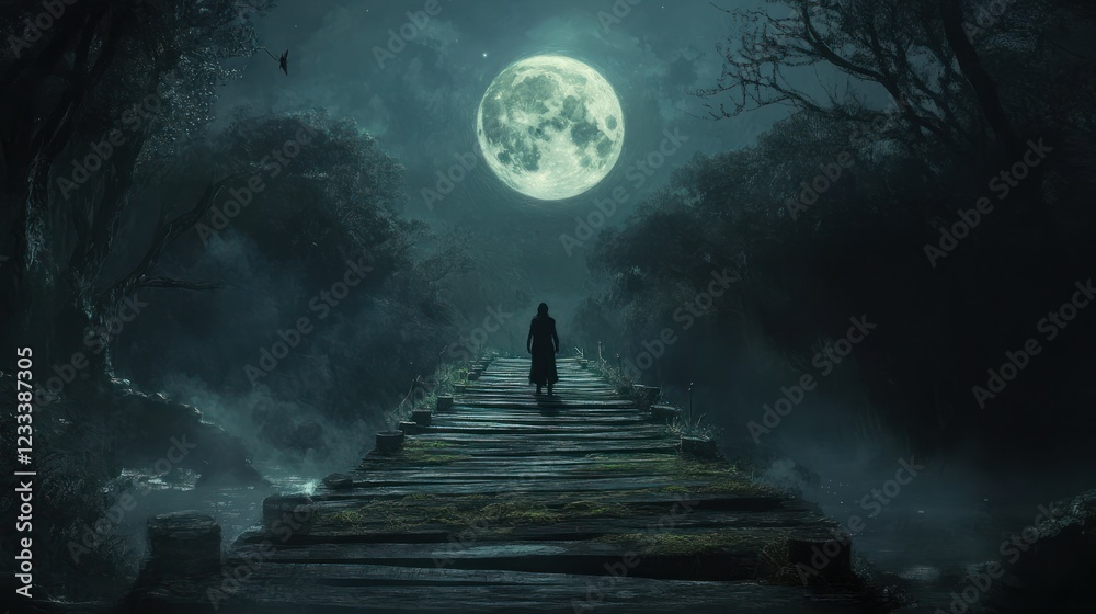 Hooded figure walks moonlit bridge, dark forest, mystery
