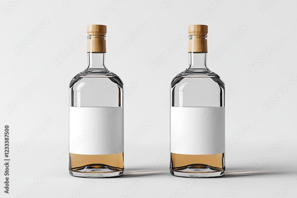 Two clear glass bottles with blank labels on white background, studio shot, product mockup for packaging design Two clear glass bottles with blank labels on white background, studio shot, product mockup for packaging design