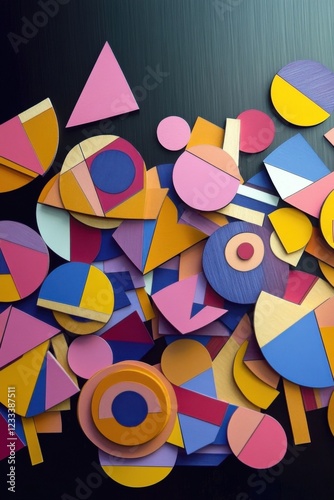 Layered geometric paper cutouts create a vibrant abstract composition on a black background photo