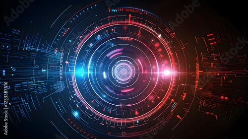 A futuristic digital interface with concentric circles and glowing elements in blue and red.