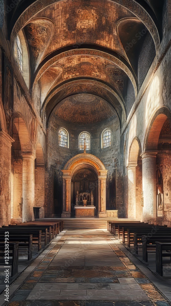 Fototapeta premium Sunlit ancient church interior