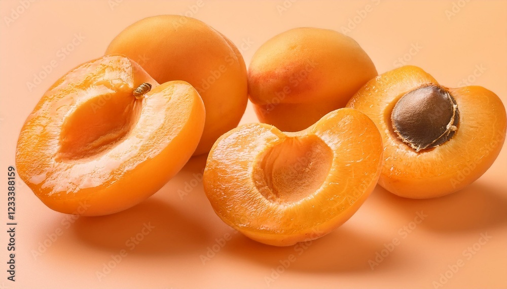 Juicy apricots, halved and whole, on a peach background. Juicy apricots, halved and whole, on a peach background.