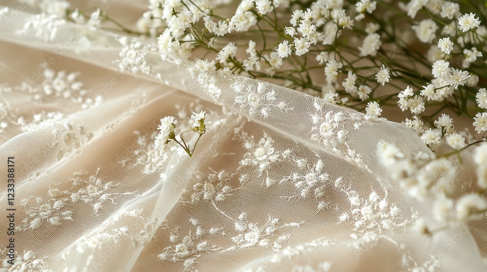 Fototapeta premium Delicate white floral lace fabric with baby's breath flowers for weddings or crafts