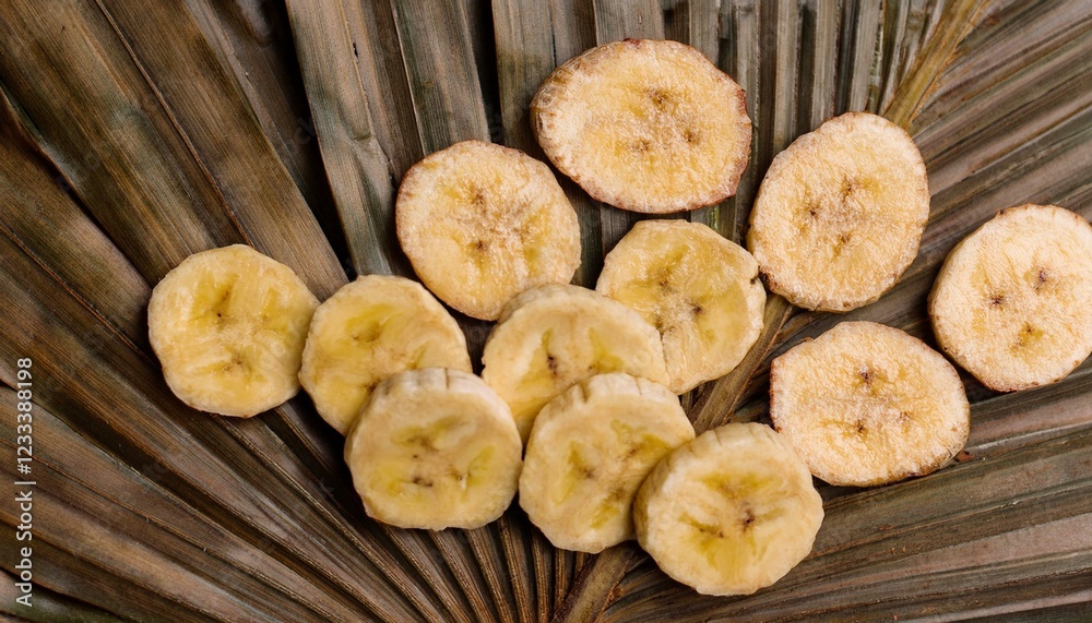 Dried banana slices arranged on a palm leaf. Dried banana slices arranged on a palm leaf.