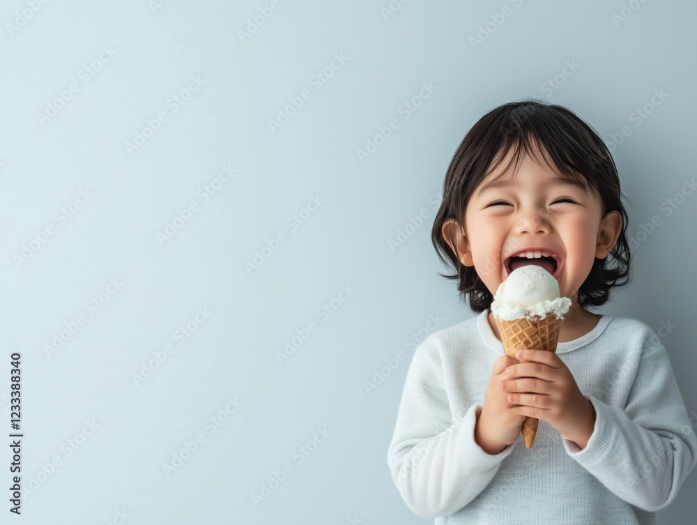 Joyful Child Enjoying Ice Cream Cone Against Minimalist Background