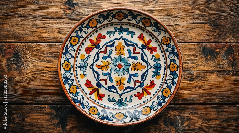 Decorative plate on wooden table, top view, for food or decor Decorative plate on wooden table, top view, for food or decor