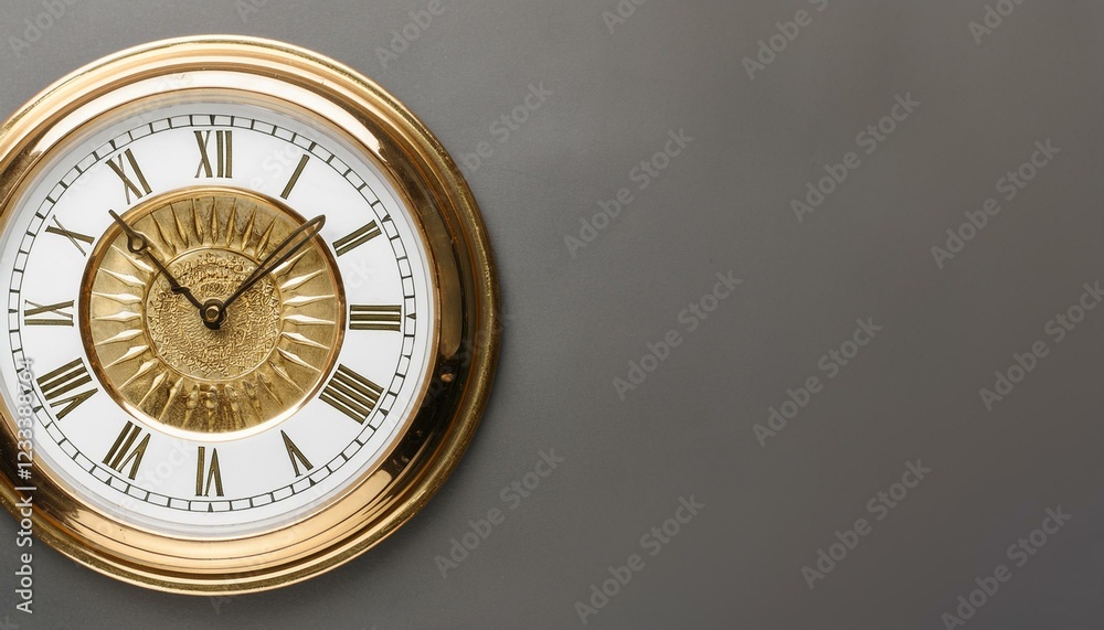 Elegant gold wall clock on grey background. Elegant gold wall clock on grey background.