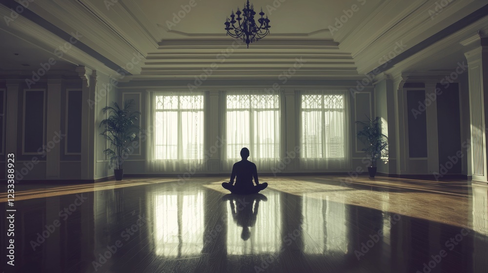 Serene Silhouette: Meditation in a Grand Hall Serene Silhouette: Meditation in a Grand Hall