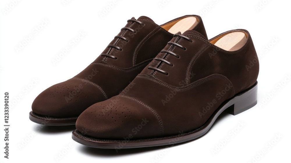 Pair of brown suede Oxford shoes with perforated cap toe, isolated on white. Pair of brown suede Oxford shoes with perforated cap toe, isolated on white.