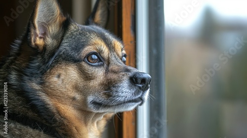 Dog gazing out window on a rainy day