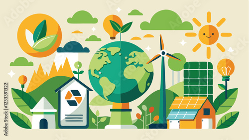 Eco Conscious Vector Art Promoting Green Energy Recycling and Sustainable Living with Earthy Tones Clean Lines