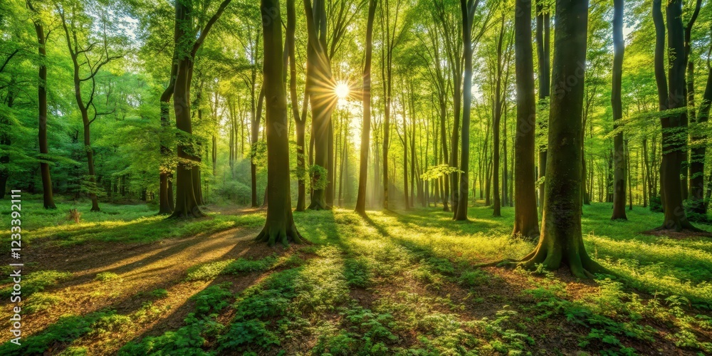 Fototapeta premium Warm sunlight filters through dense green forest foliage, casting dappled shadows on the forest floor, trees, forest