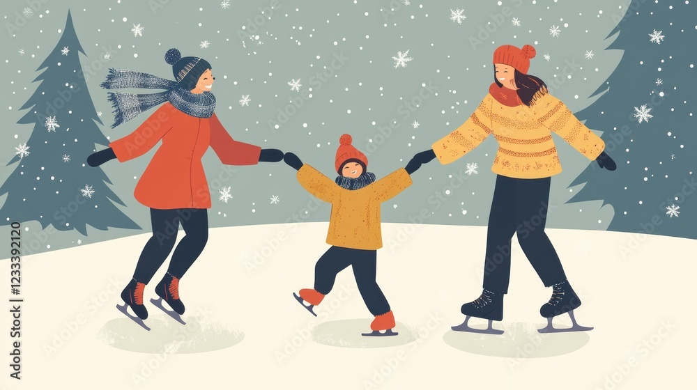 Obraz premium Happy family ice skating together in holiday