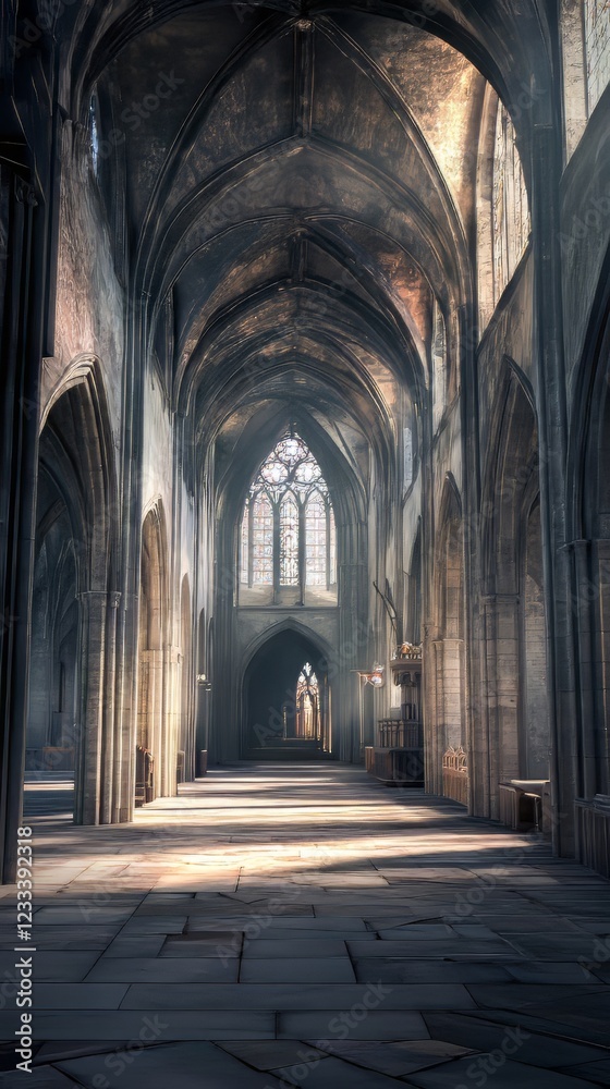 Sunlit cathedral nave, gothic arches Sunlit cathedral nave, gothic arches