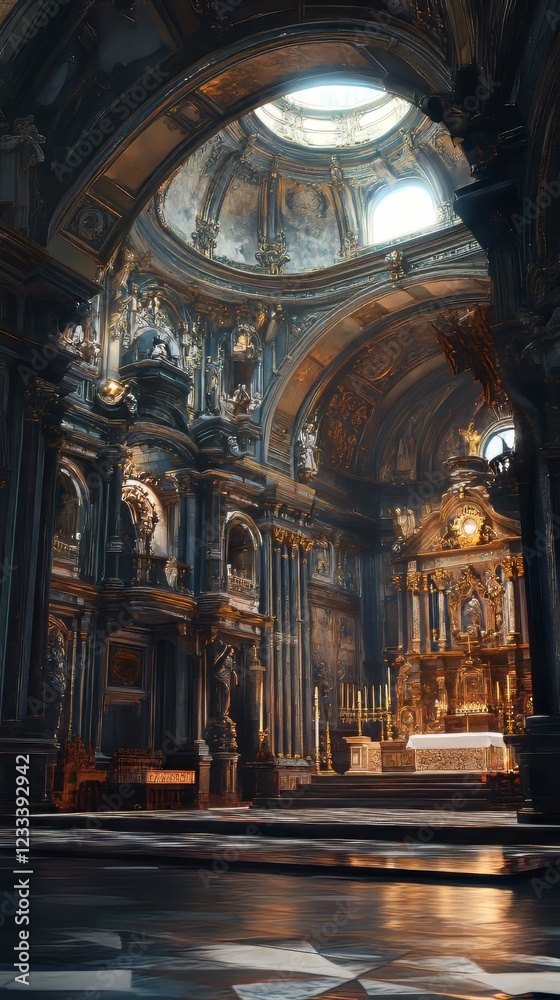 Fototapeta premium Ornate church interior, golden altar