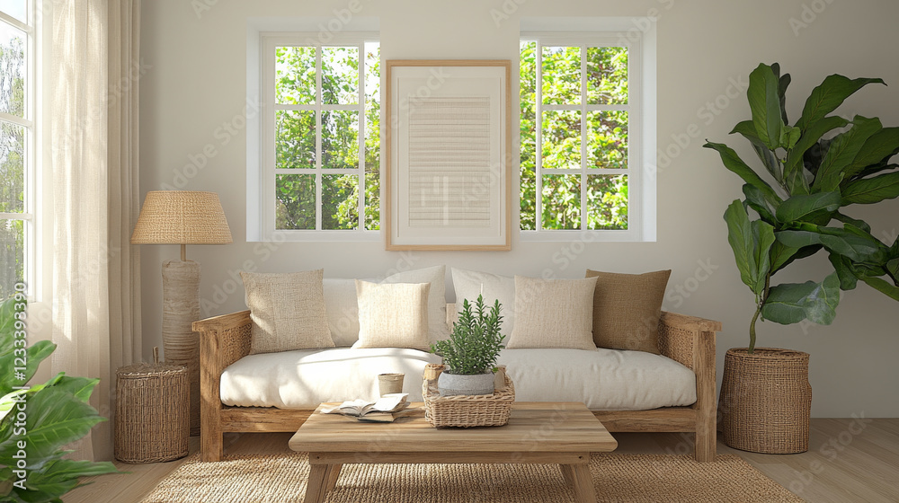 Fototapeta premium Cozy living room with natural light, wooden furniture, and greenery. space features comfortable sofa, decorative cushions, and stylish coffee table