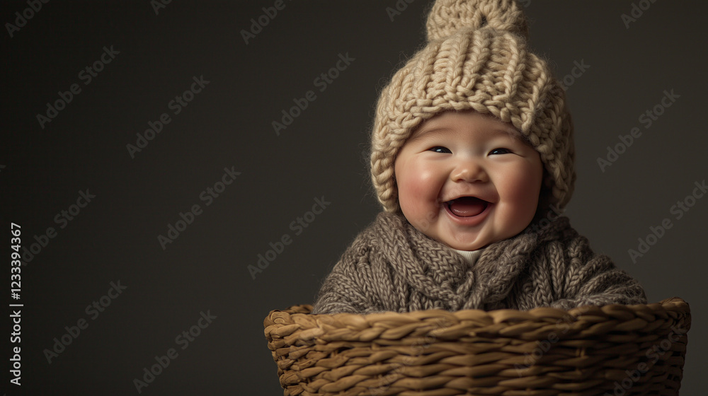 Japanese Baby Boy Smiling Widely with Knitted Hat in Basket. Japanese Baby Boy Smiling Widely with Knitted Hat in Basket.