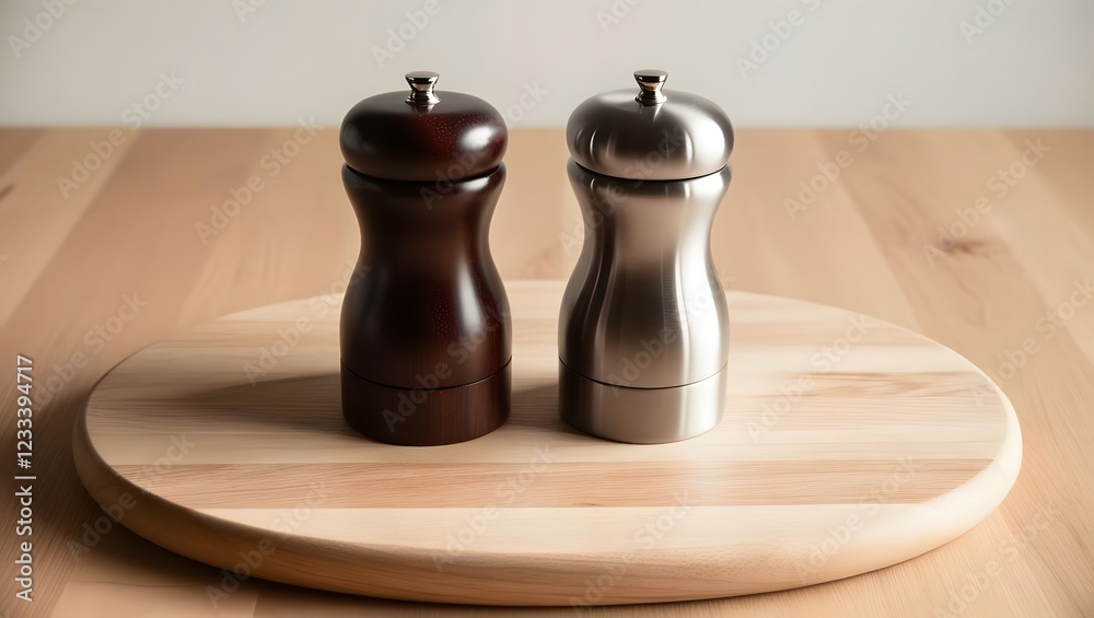 Wood and Stainless Steel Salt and Pepper Grinder Set on Round Tray Wood and Stainless Steel Salt and Pepper Grinder Set on Round Tray